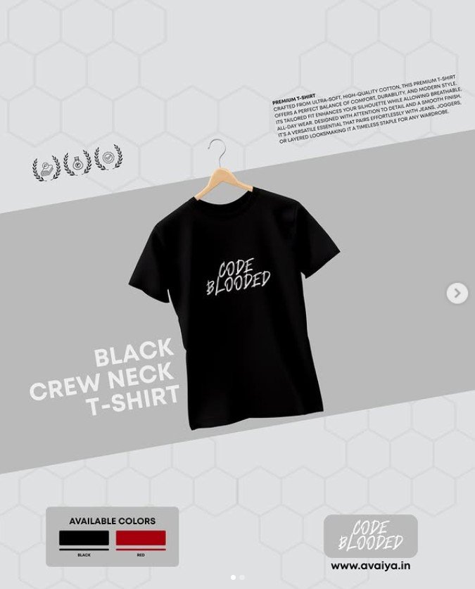 Avaiya 'Code Blooded' black crew neck t-shirt design